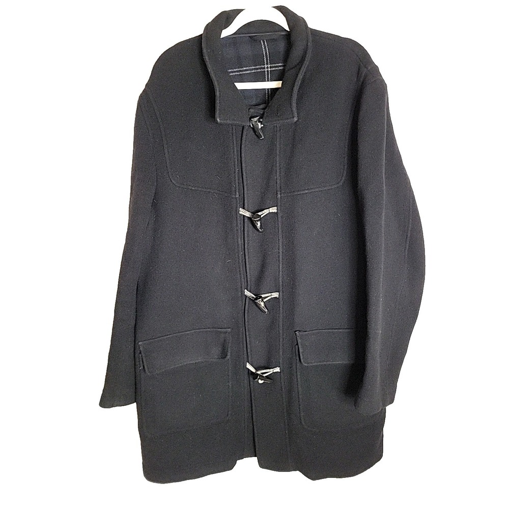 Digel Men's XXL Black Wool Duffle Coat Toggle Zip Plaid Lining Missing Hood